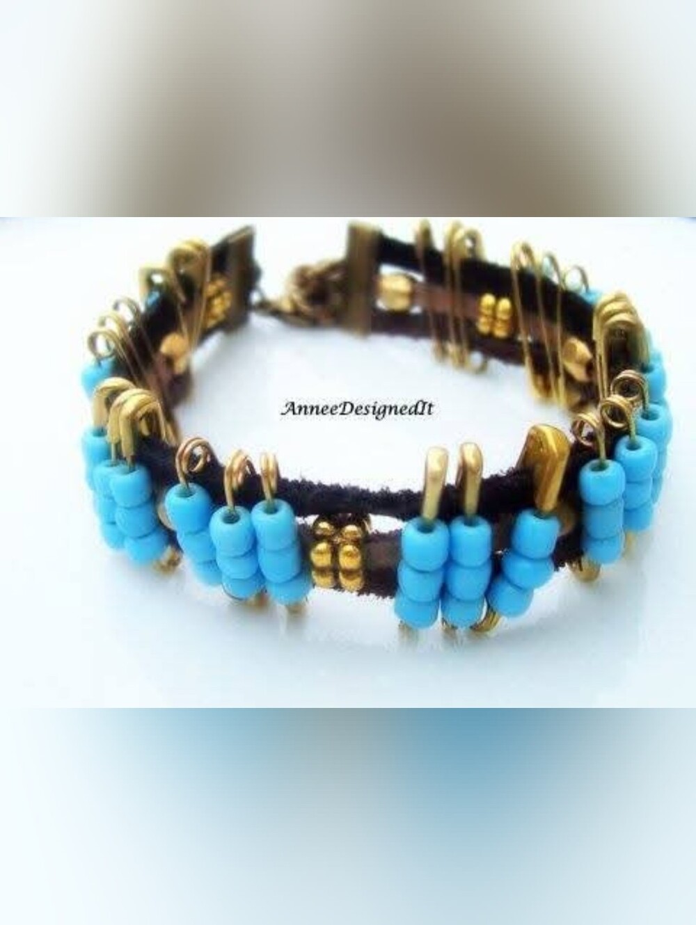 Turquoise Safety Pin Beaded Leather Bracelet